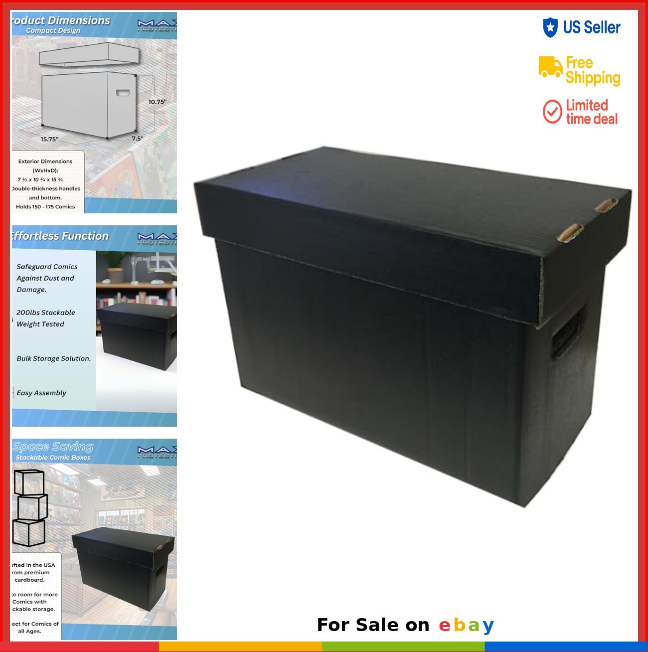Comic Book Storage Boxes Pack of 10 Short Cardboard Black for 150-175 Comics