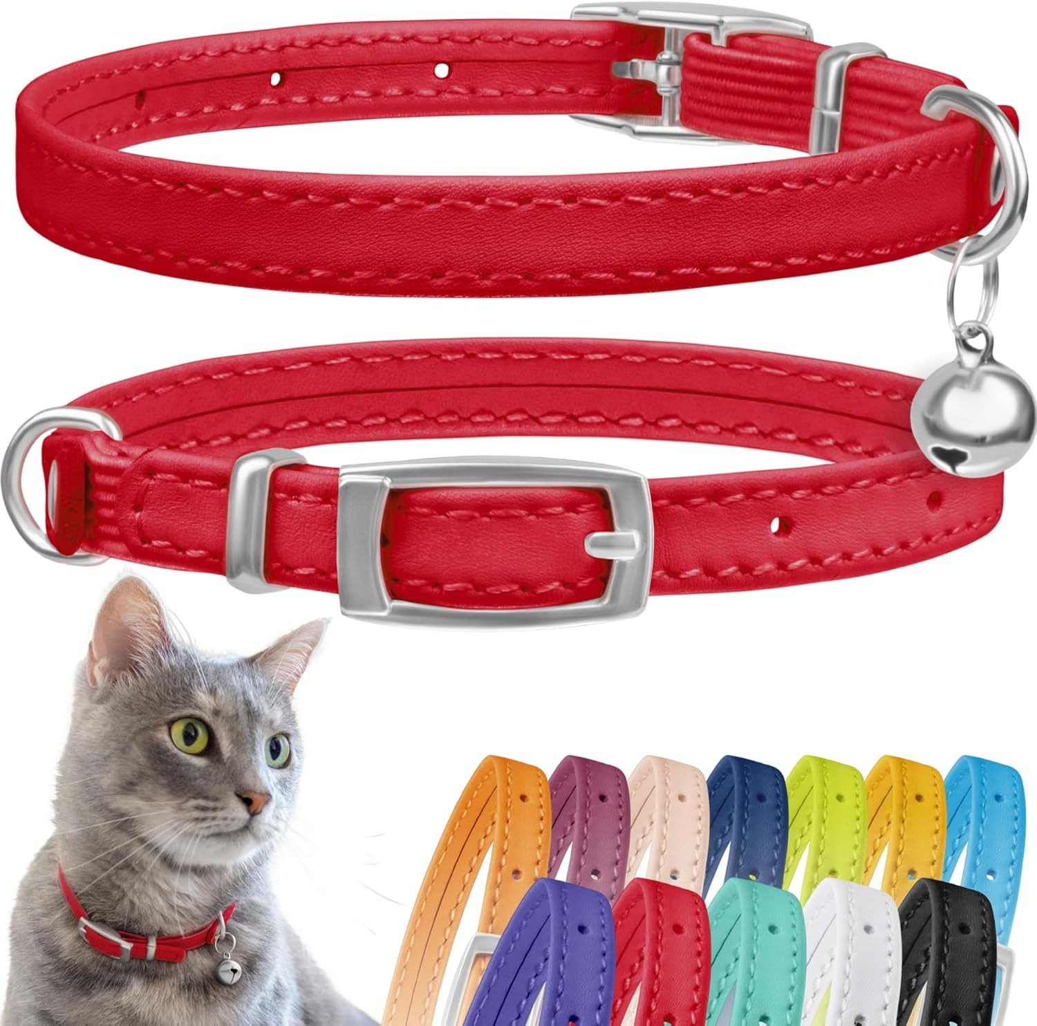 CollarDirect Leather Cat Collar, Safety Collar with Elastic 6-7 Inch, Red