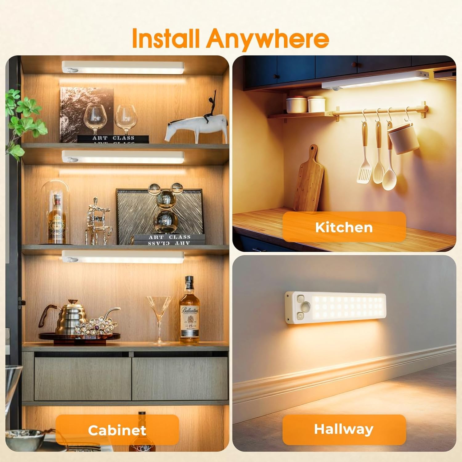 Rechargeable Motion Sensor Under Cabinet Lights Dimmable 3 Color LED Lighting