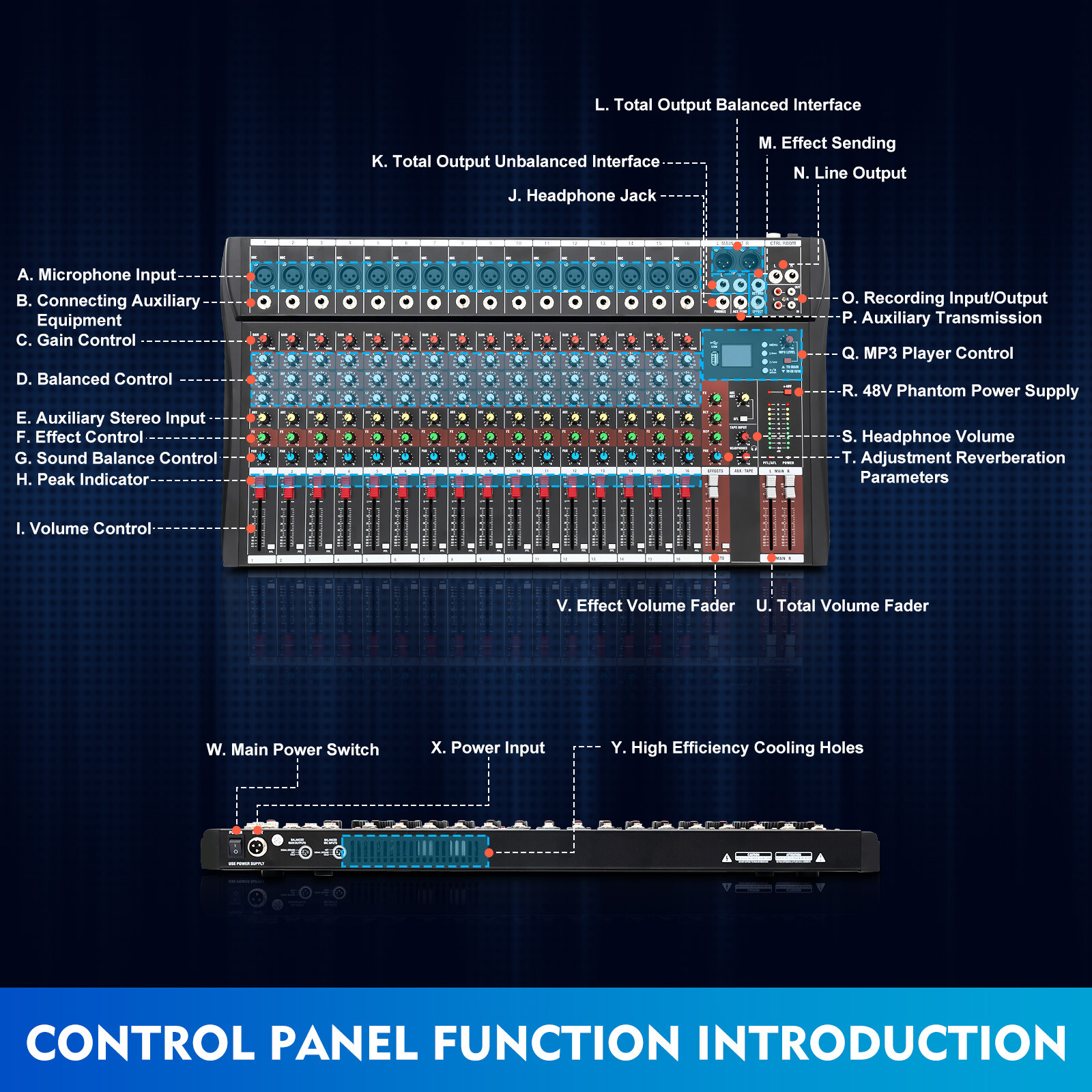 16 Channel Studio Audio Mixer Bluetooth USB Digital Sound Mixing Console Board