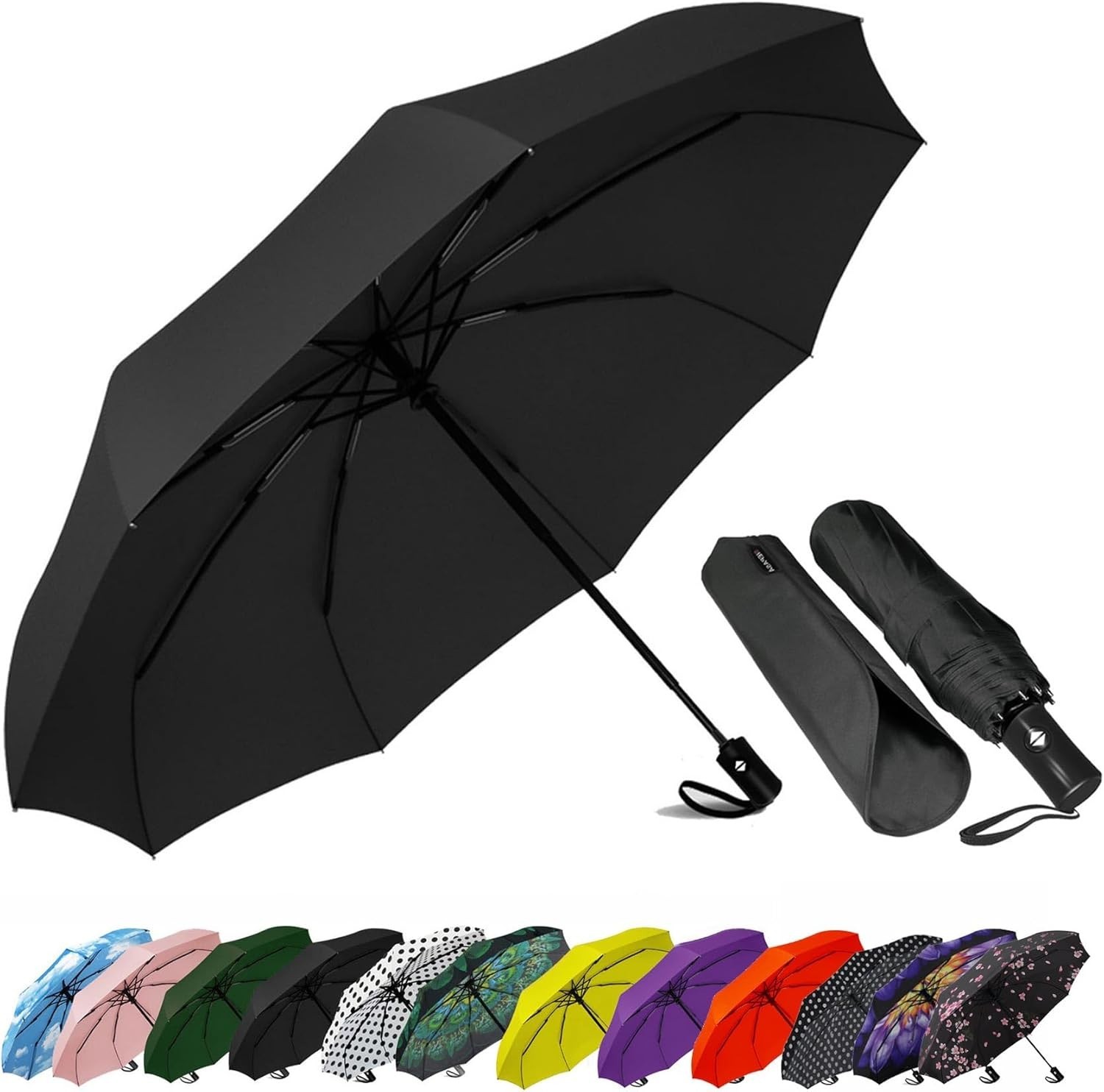 SIEPASA Compact Travel Umbrella, Windproof Auto Open/Close, Black Folding