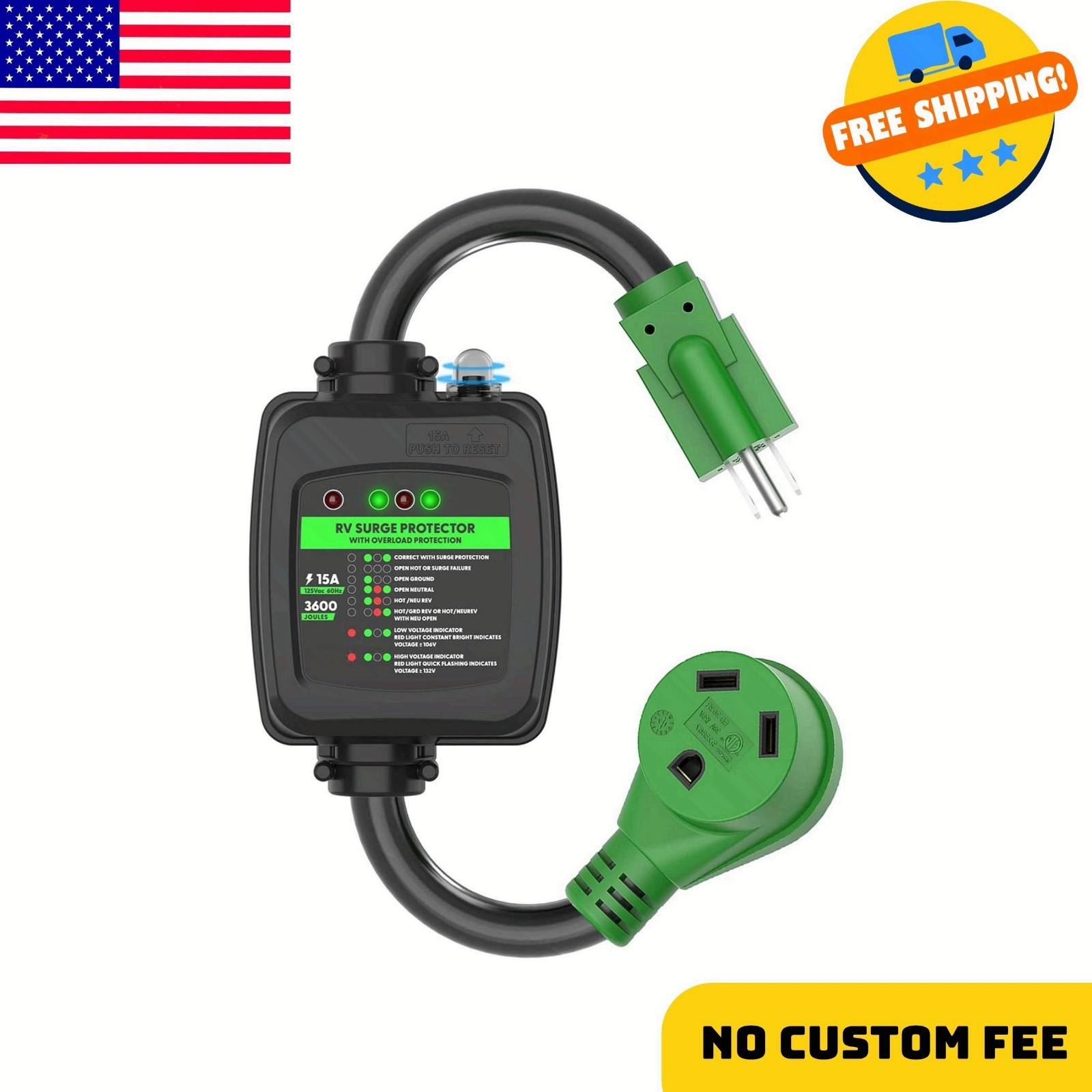 Surge Protector 30 Amp to 110 Volt RV Adapter Cord with Overload Protection
