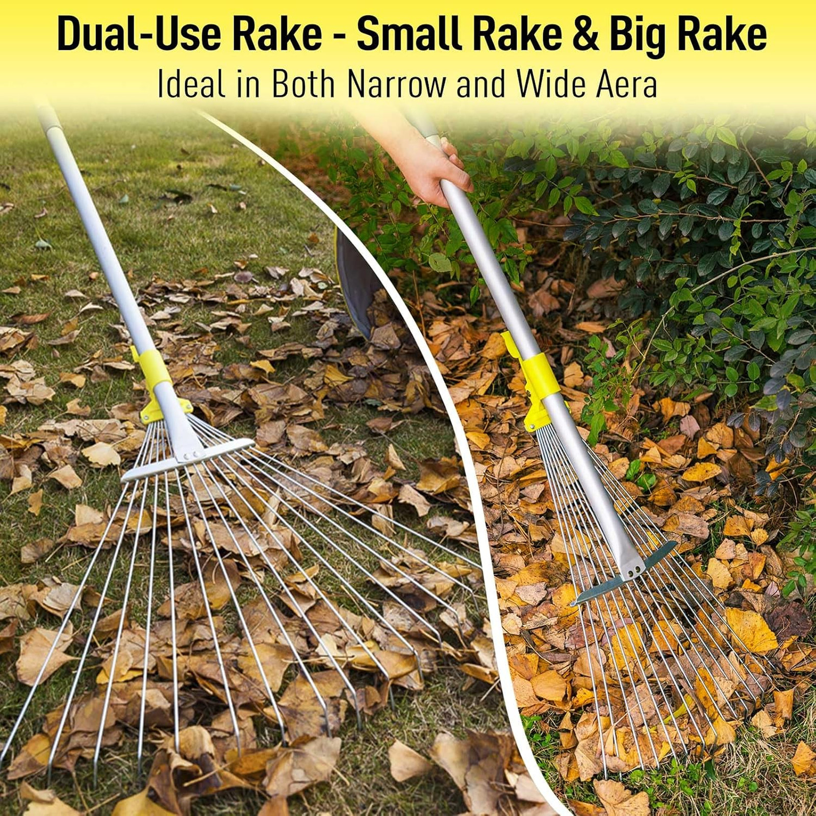 Adjustable Leaf Rake, Large Garden Rake with Expandable 7-23 Inch Head