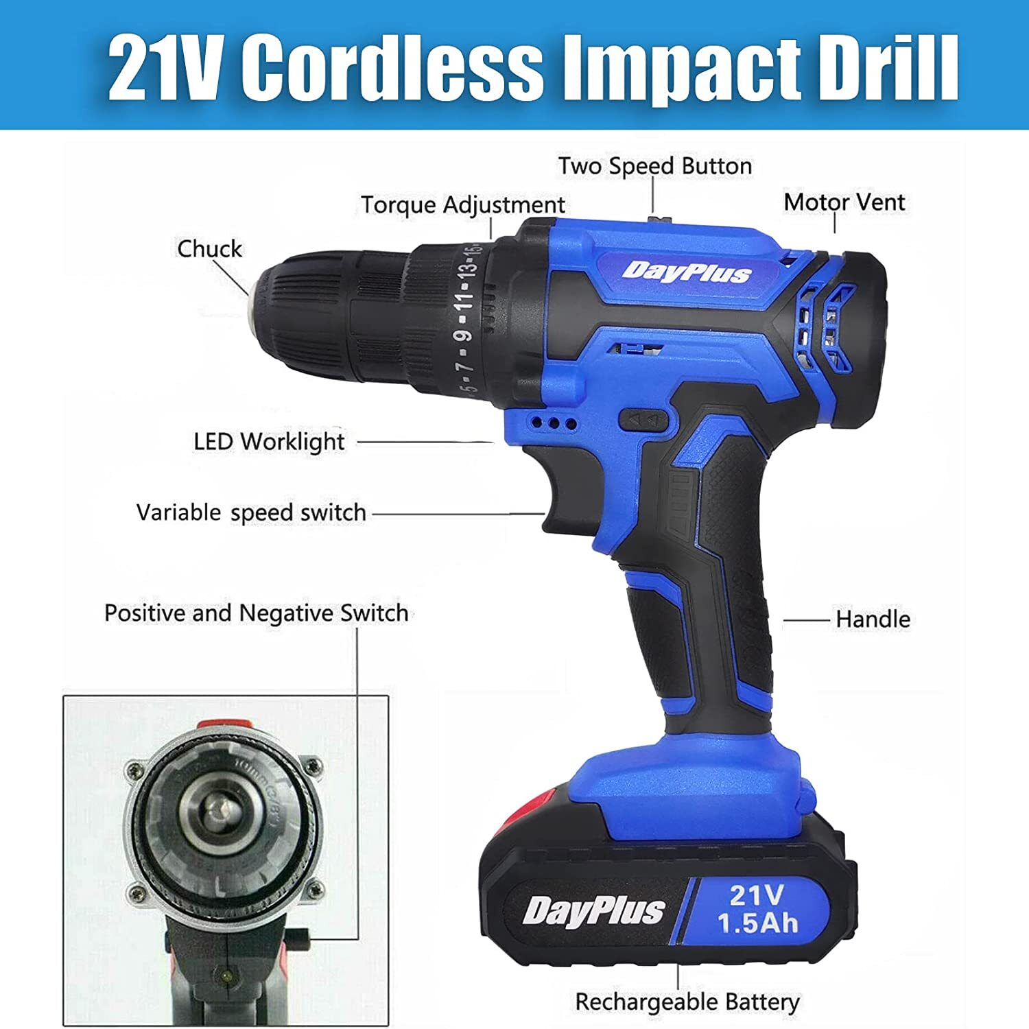 21-Volt drill 2 Speed Electric Cordless Drill / Driver with Bits Set / Battery