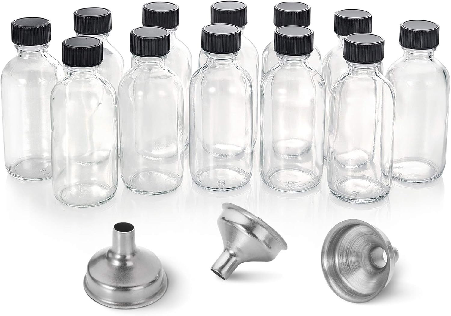 12 Pack, 2 Oz Small Clear Glass Bottles W/Lid & 3 Funnels - 60Ml Boston Shot Bot