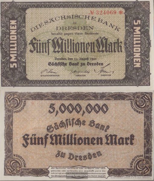 Saxony Rosenbg: SAX17 Länderbanknote Saxony uncirculated 1923 5 million. Mark