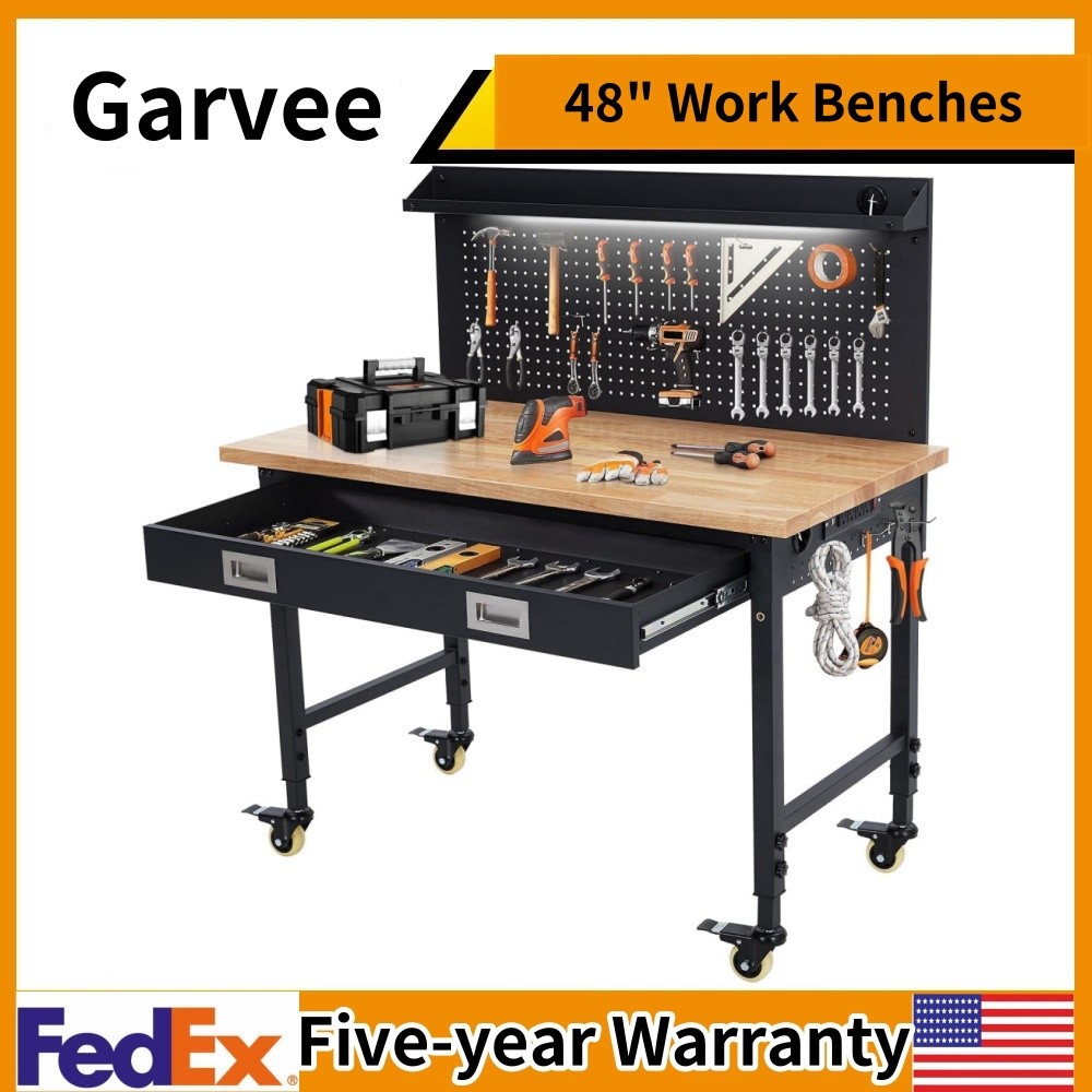 🔥48" Work Benches for Garage Adjustable Workbench 2000 LBS Pegboard Drawers