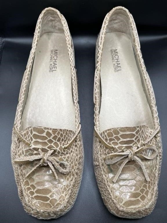 Women's Michael Kors Brown Leather Croc Embossed Moccasin Boat Flats Shoes 10M