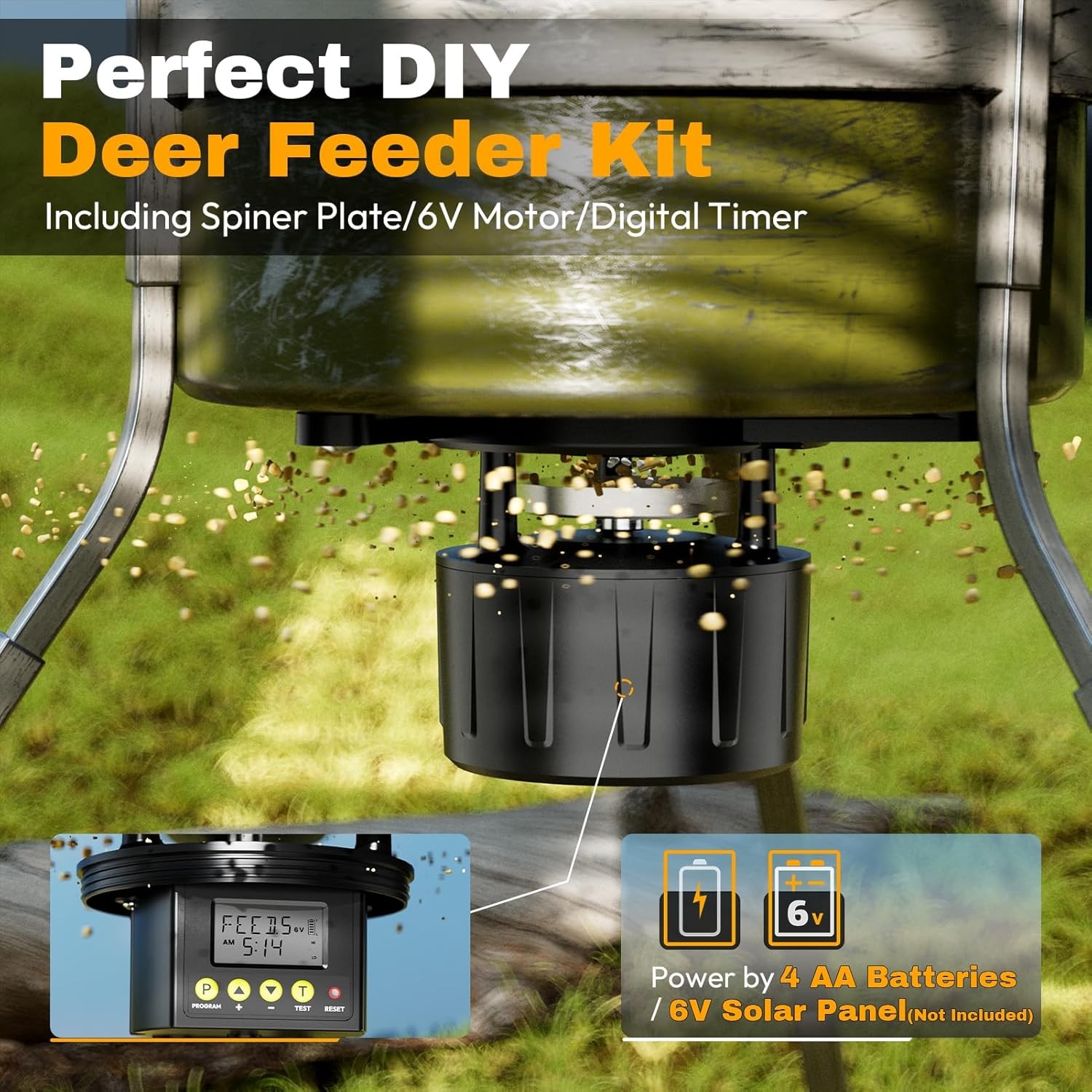 Efficient Deer Feeder Kit Digital Timer Solar Panel Compatible Adjustable Arms