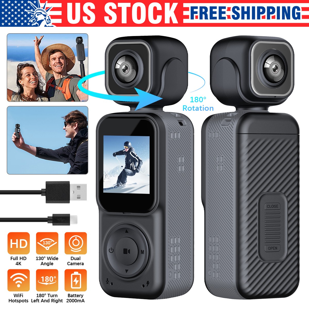 260° Front And Rear Dual Lens WiFi HD 4K/2K Replaceable Battery Action Camera US