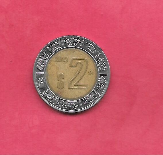 MEXICO KM604 2013 2 PESOS VF VERY FINE NICE RECENT BI-METAL COIN