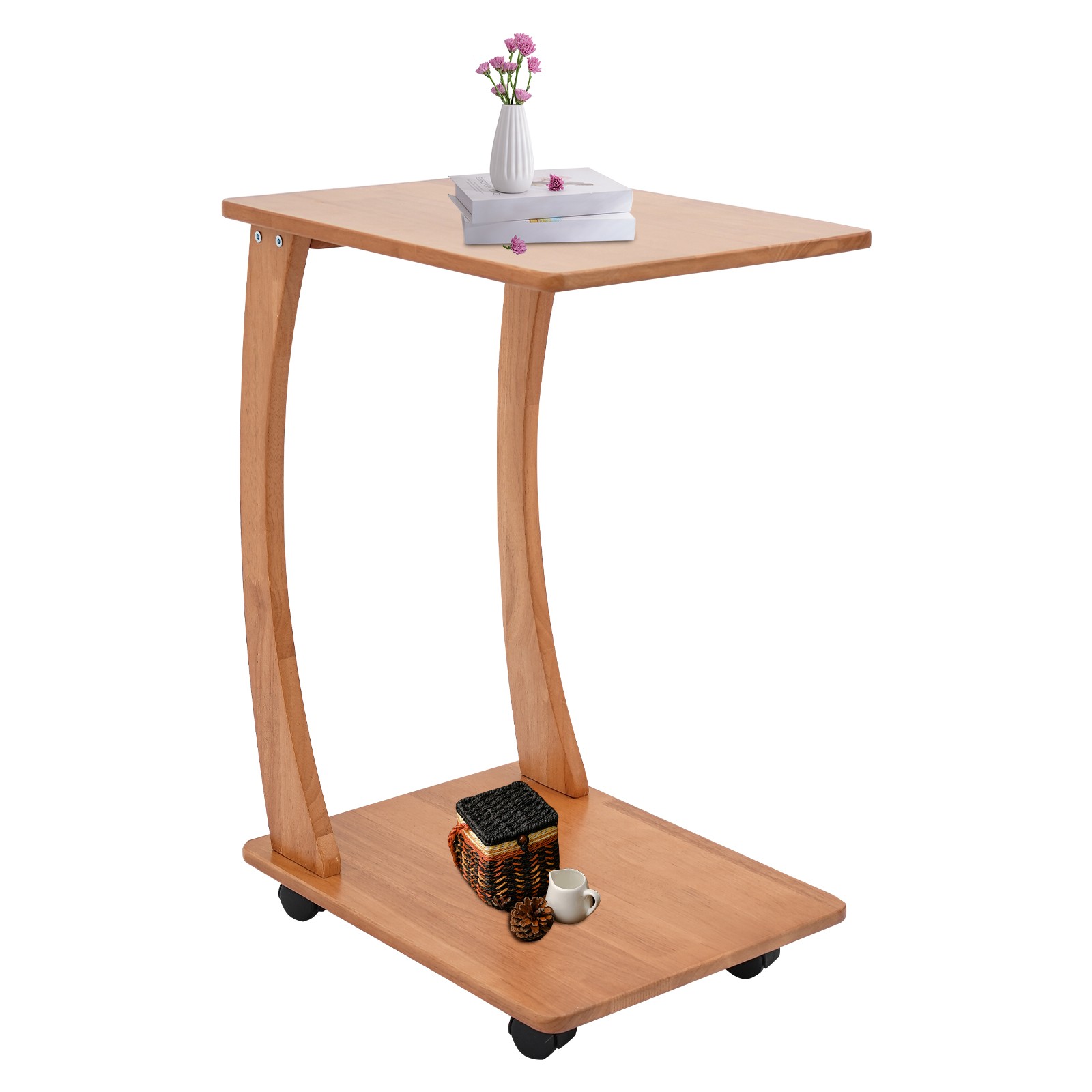 Solid Wood End Table With Rolling Wheels, C Shaped Side Table, Tv Tray Table