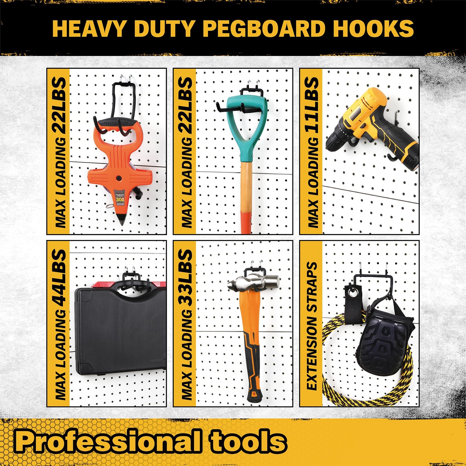 ELEAD 12-Piece Pegboard Hooks with Extension Straps, 12PCS, Black