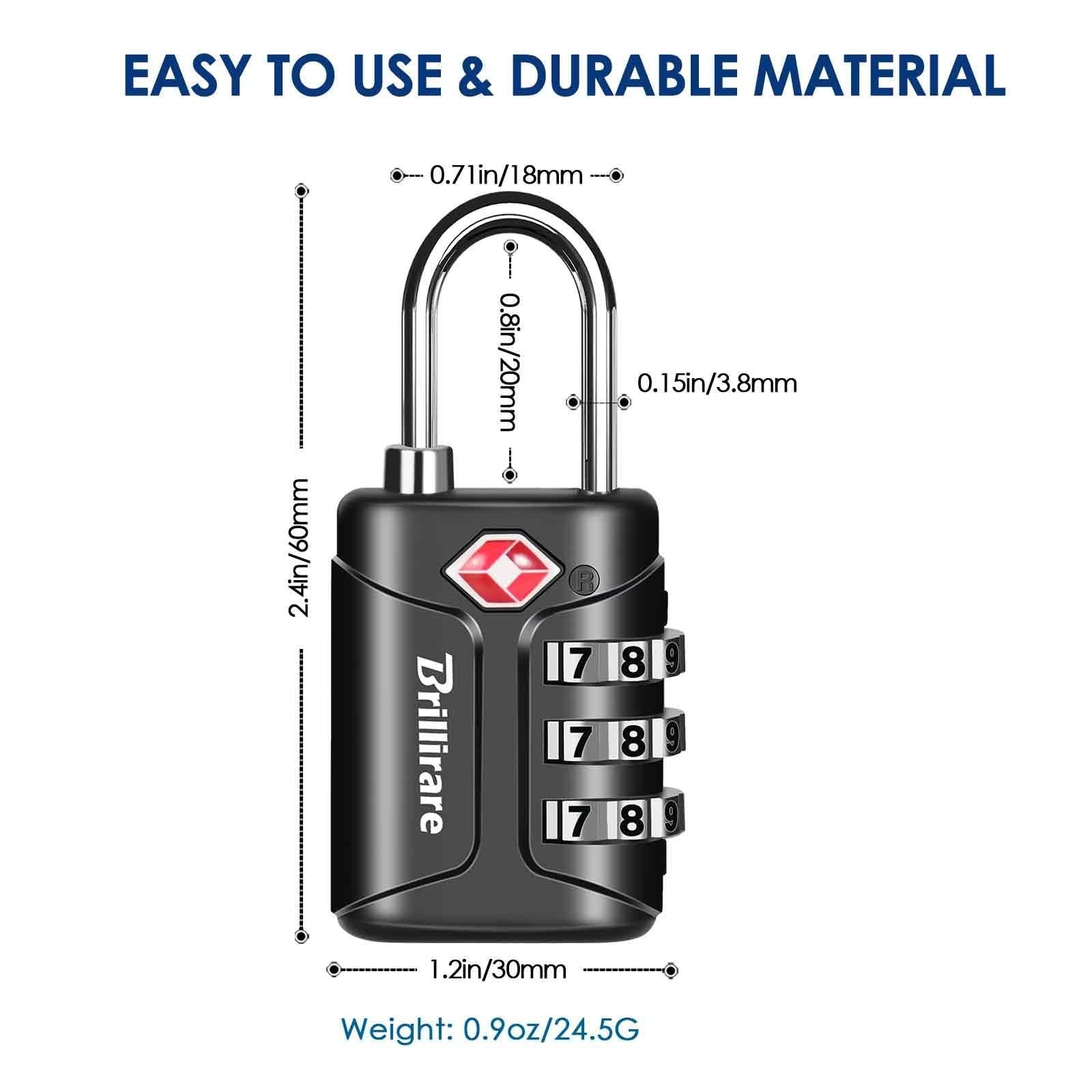 BRILLIRARE TSA Approved 4 Pack Combination Travel Padlocks - Black