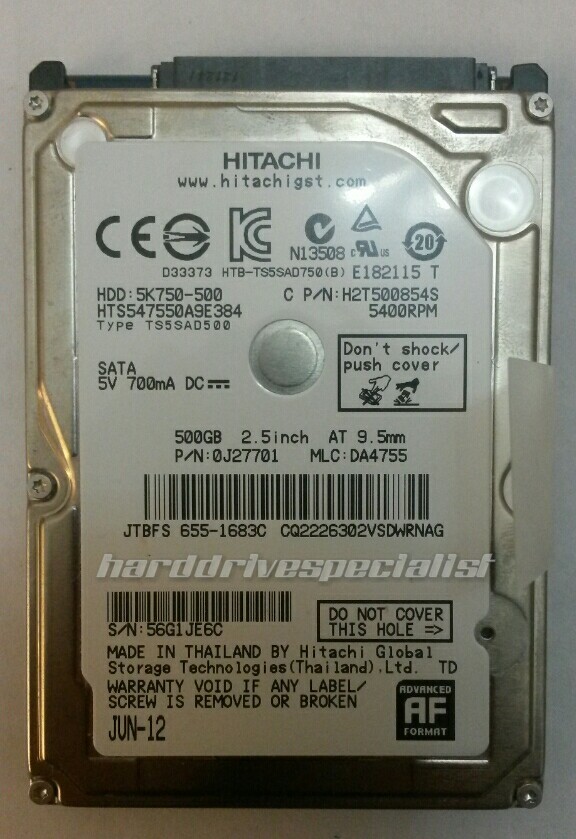 Hitachi HTS547550A9E384 500GB SATA Drive 5400RPM P/N:0J27701 MLC:DA4755