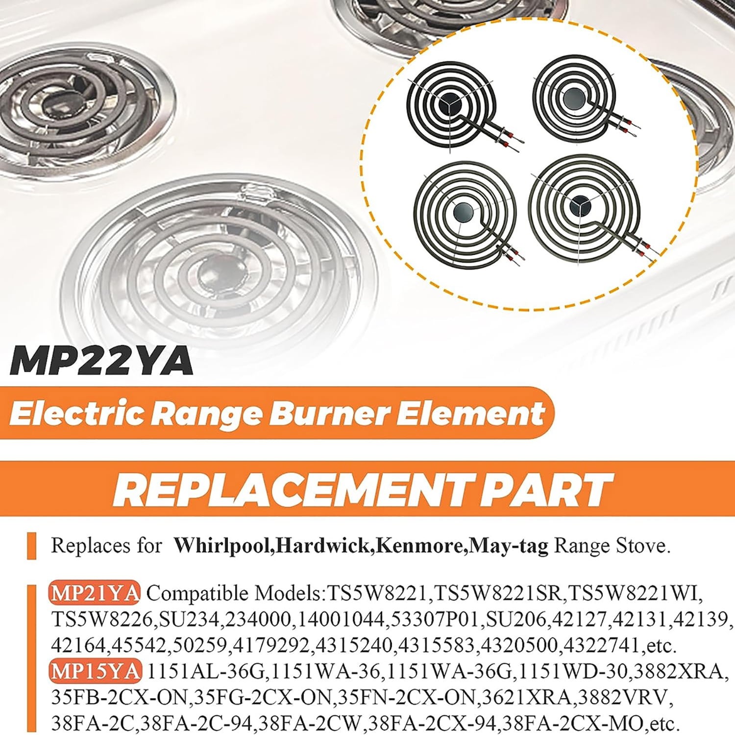 MP22YA Electric Range Burner Element Set with Drip Pans For Whirpool Frigidaire