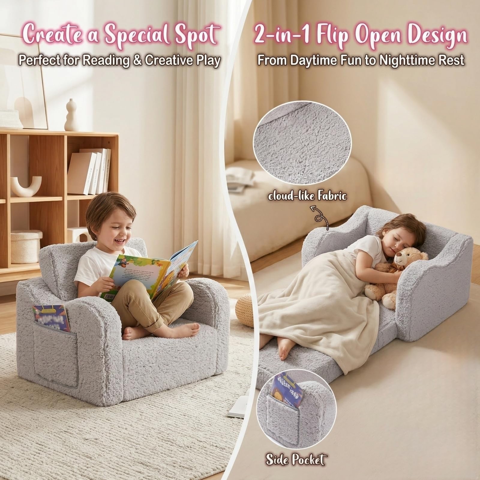 Kids Sofa, 2-in-1 Flip-Out Foam Couch with Soft Sherpa Cover, Cozy Play Loung...