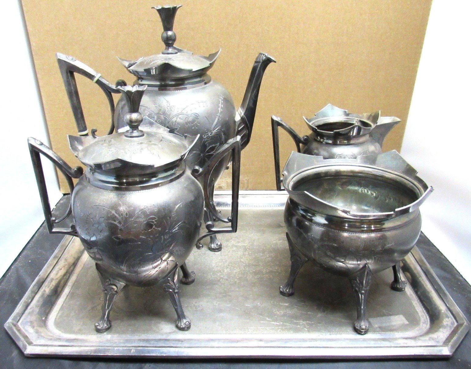 VICTORIAN SILVER PLATE TEA SET 5 PIECE MERIDEN 1880'S EX. CONDITION ENGRAVED