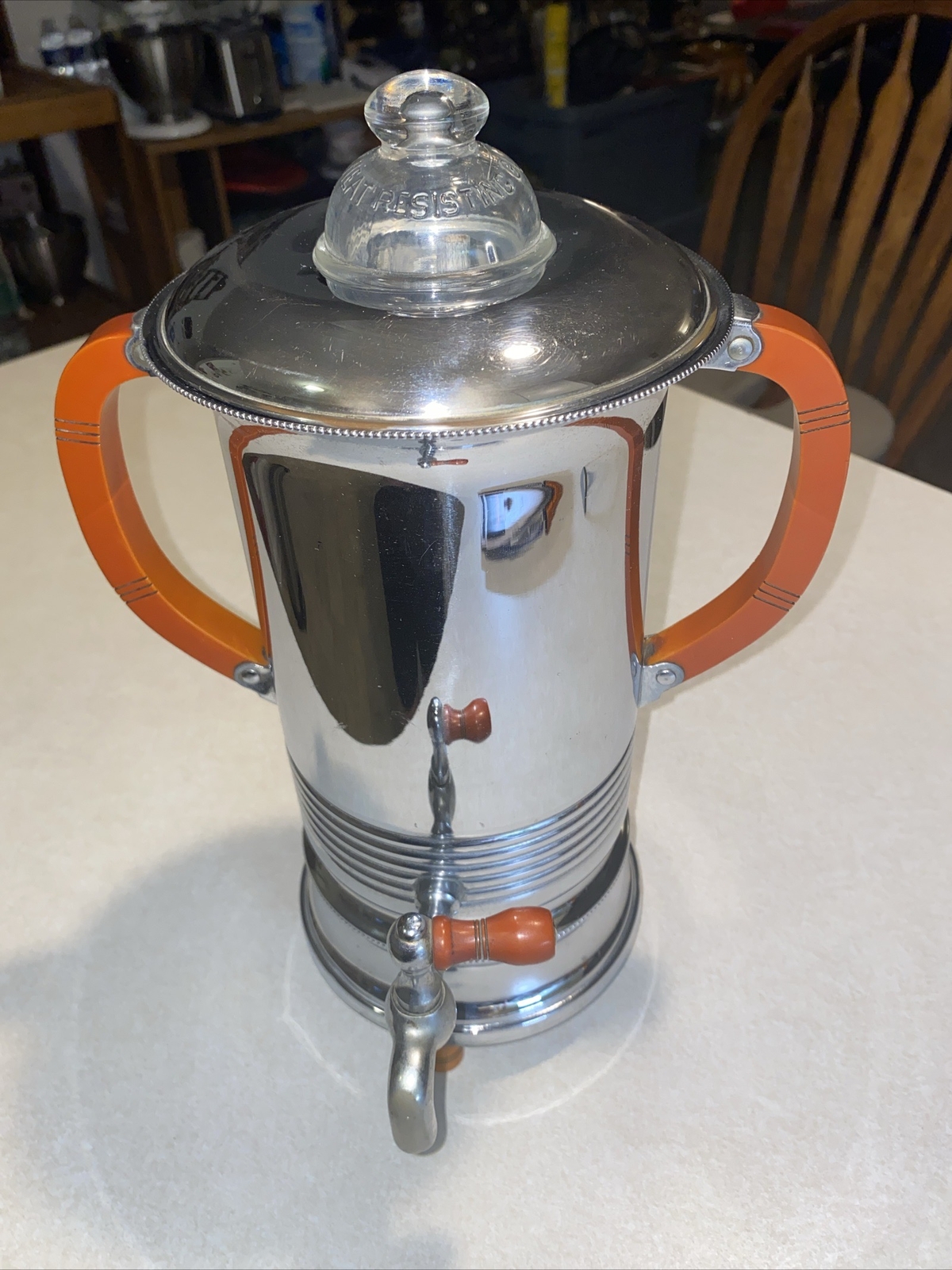 Vintage Art Deco Chrome Coffee Percolator Orange Bakelite Accents