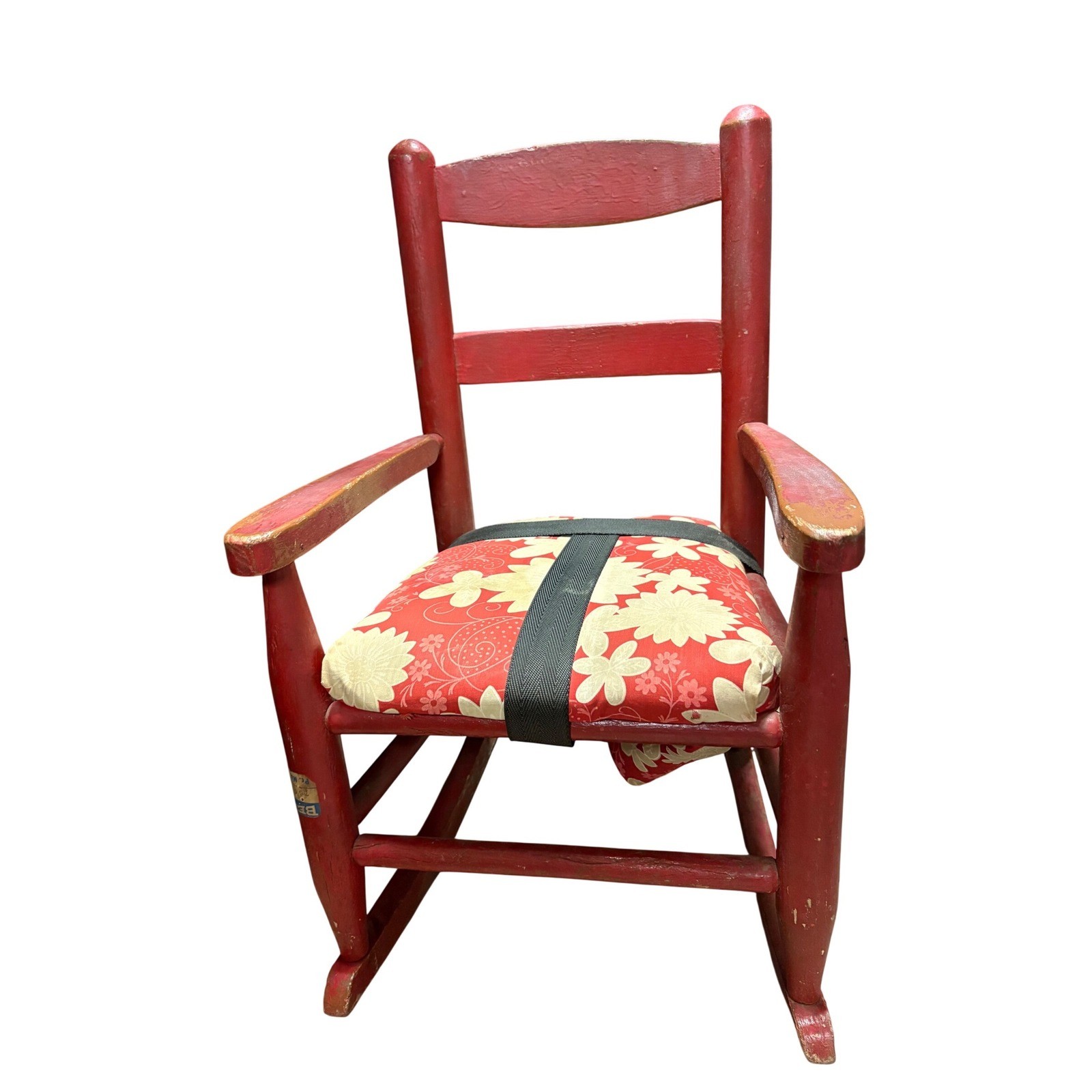 Vintage Bekins Red Wooden Kids Rocking Chair Floral Cushion Strap