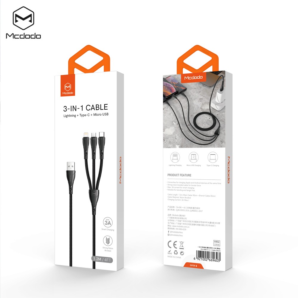 Mcdodo 3 In 1 Nylon Cable iPhone/Micro Usb/Type C Sync Charge For All Devices