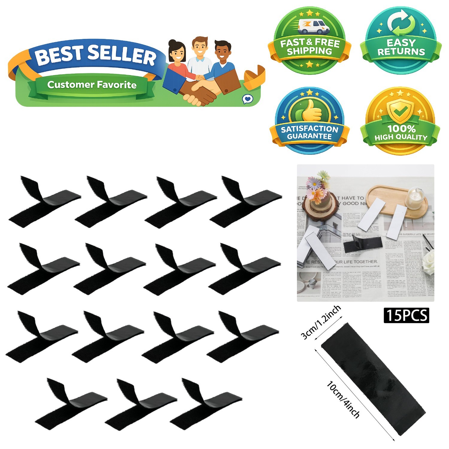 15 Sets Black Hook and Loop Tape - Versatile Adhesive Strips for Crafts & Home
