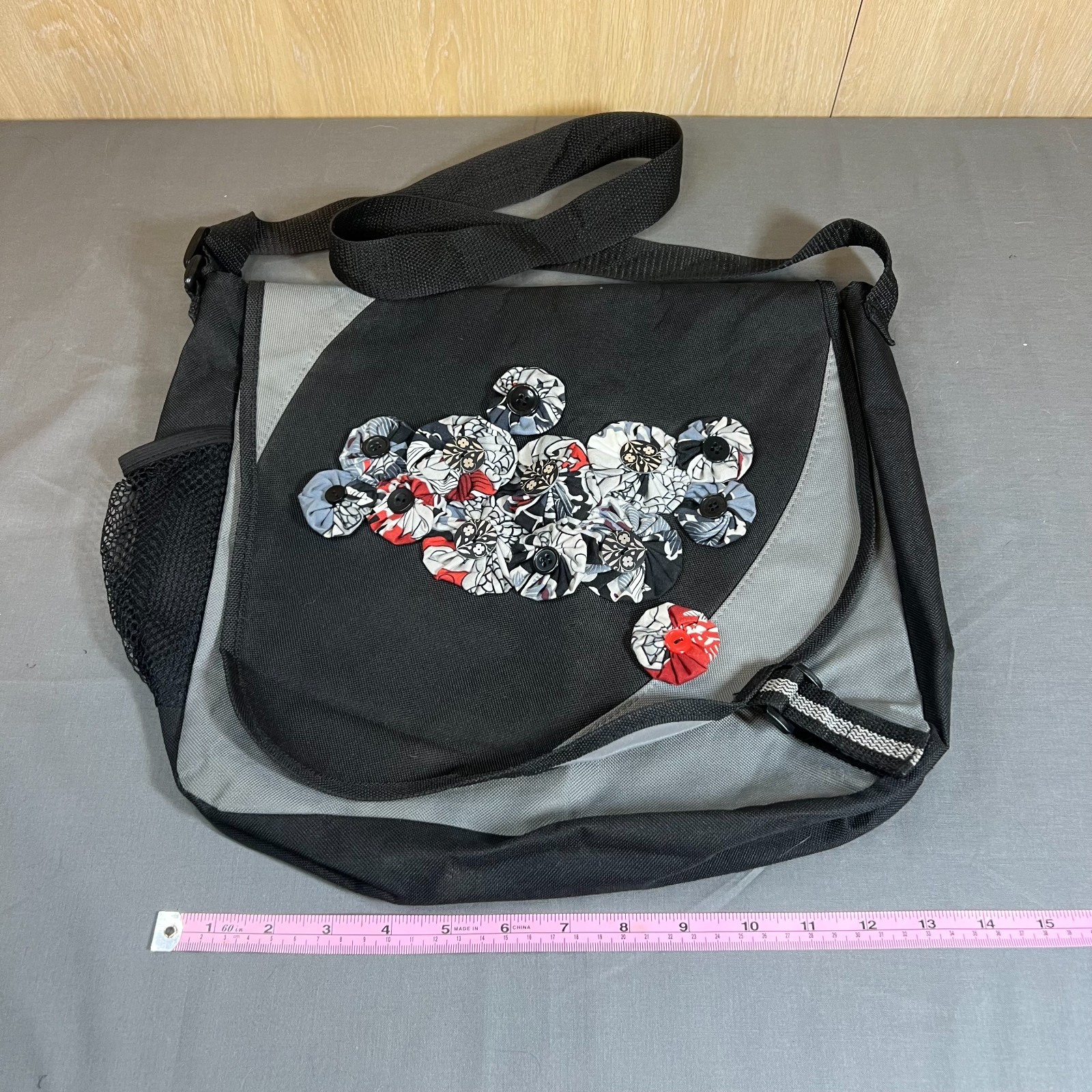 Black & Gray Messenger Bag - Handcrafted Fabric Flower Appliqué - Good