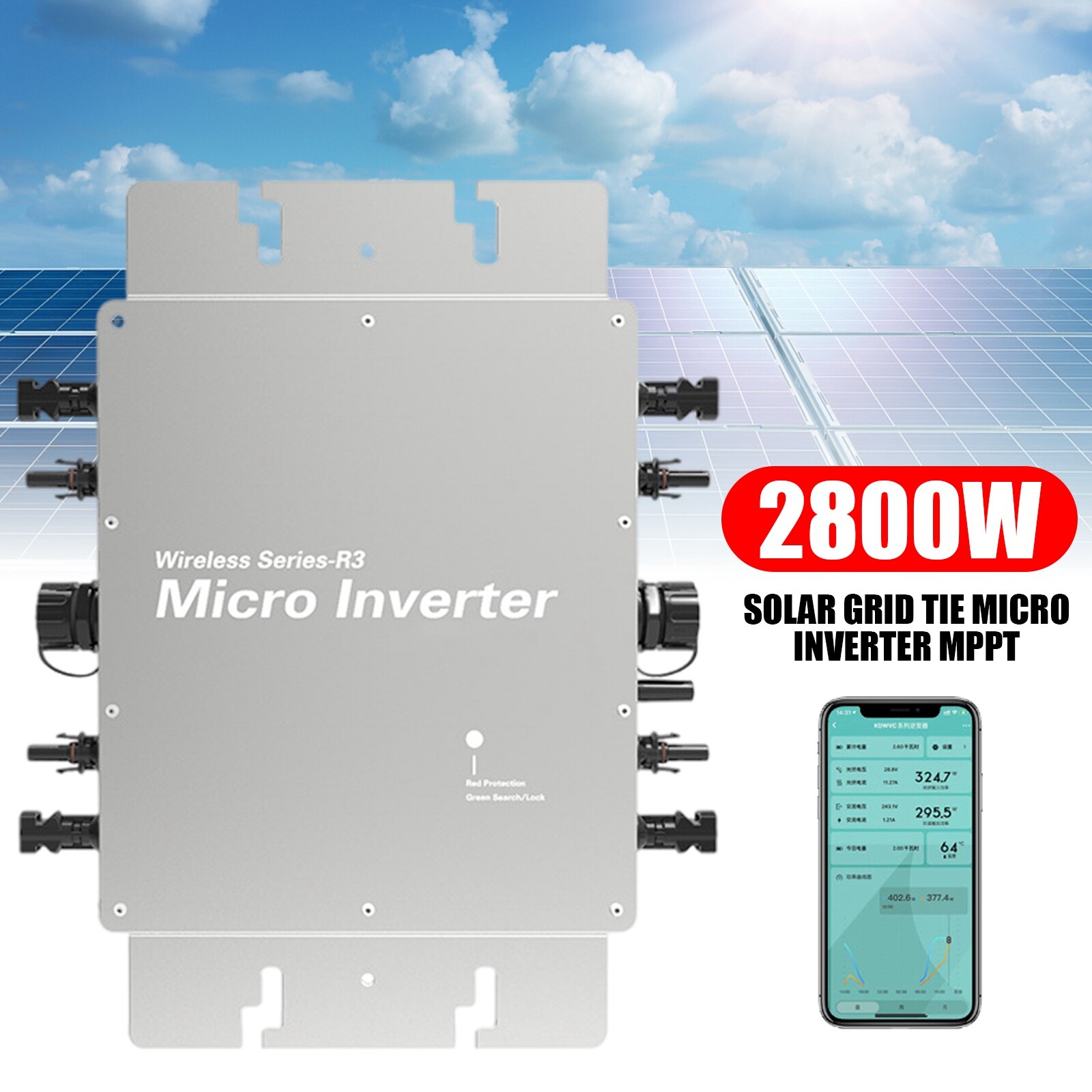 2800W Solar Pure Sine Wave Grid Tie Inverter Power Converter APP Control IP65