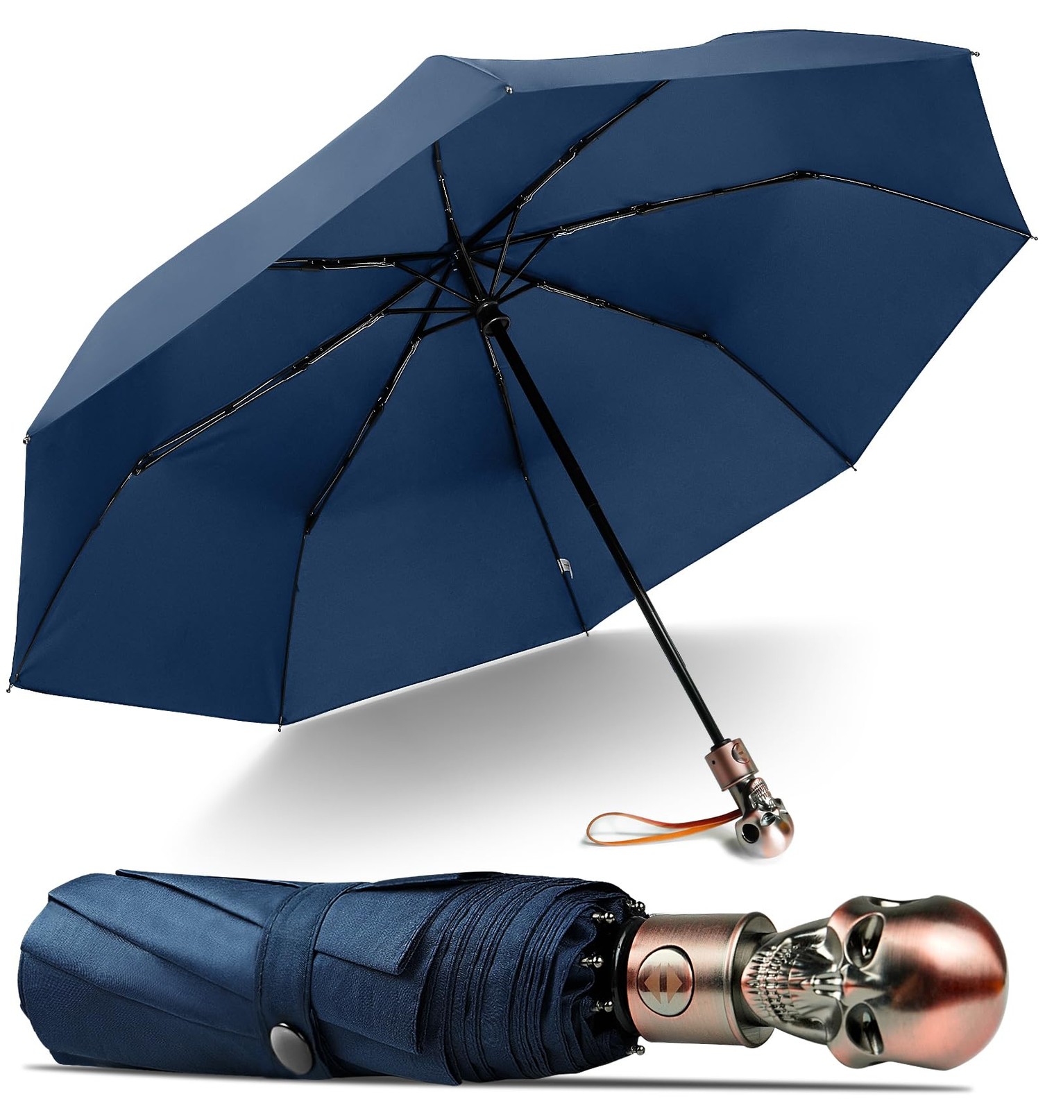 Travel Skull Umbrella for Men - Portable Blue Wind Resistant Folding Auto Ope...