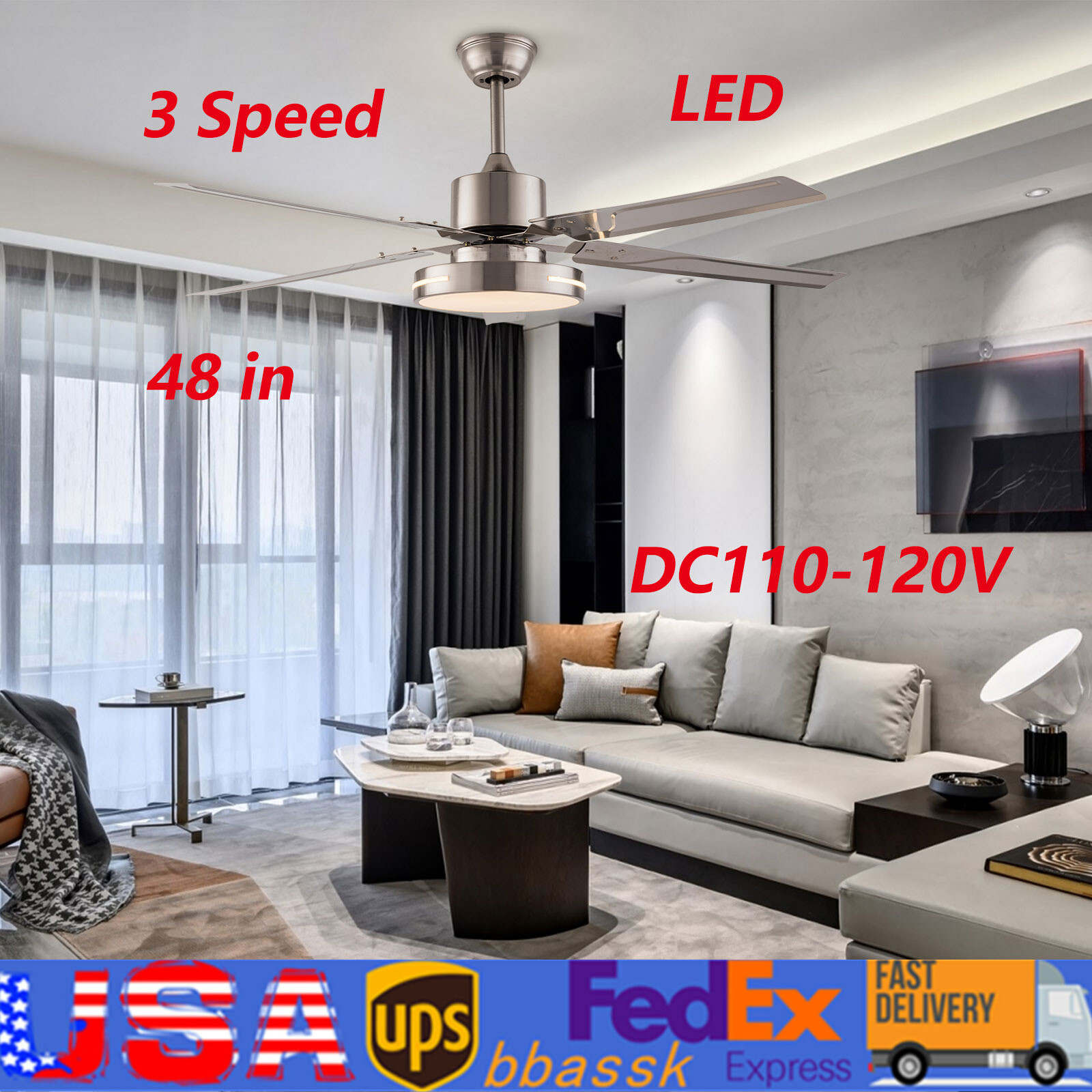 48inch Ceiling Fan Light 4 Blades Fan Dimmable Lamp with Remote Control & Timing