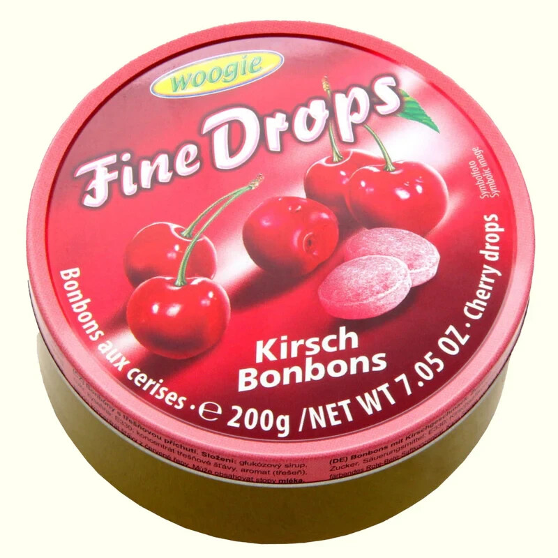 WOOGIE, GERMAN FINE DROPS SANDED Cherry CANDY Cherry Bonbons 7.05OZ/ 200 GR TIN