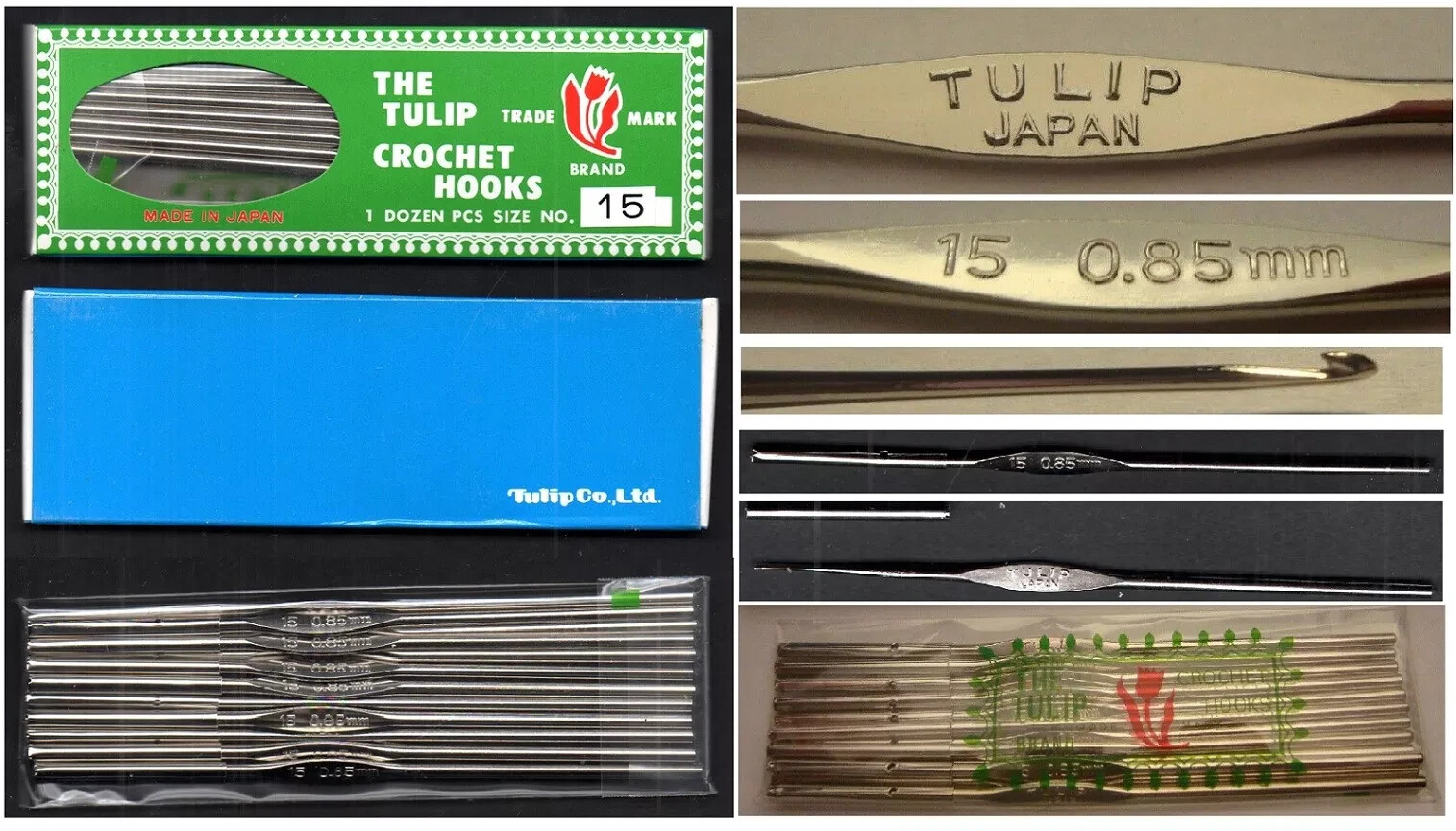THE TULIP : BRAND 12 Crochet Hooks  0.85 mm No 15 UNUSED in Boxed Made in Japan