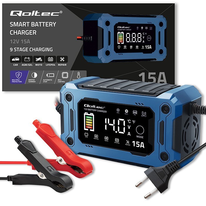 Qoltec 12V 15A AGM GEL LiFePO4 LCD Charger