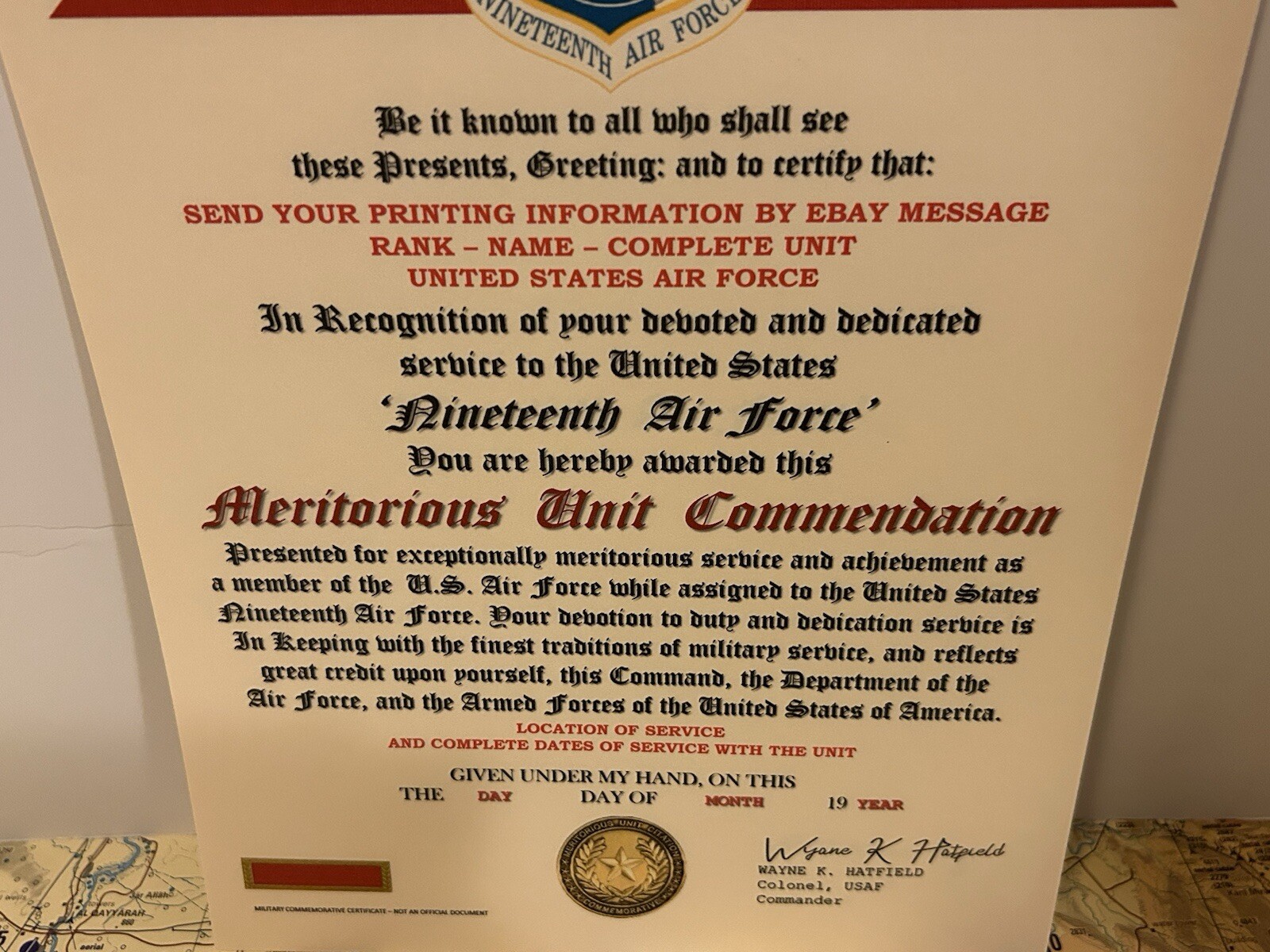 U.S. AIR FORCE / 19TH AIR FORCE - MERITORIOUS UNIT COMMENDATION CERTIFICATE
