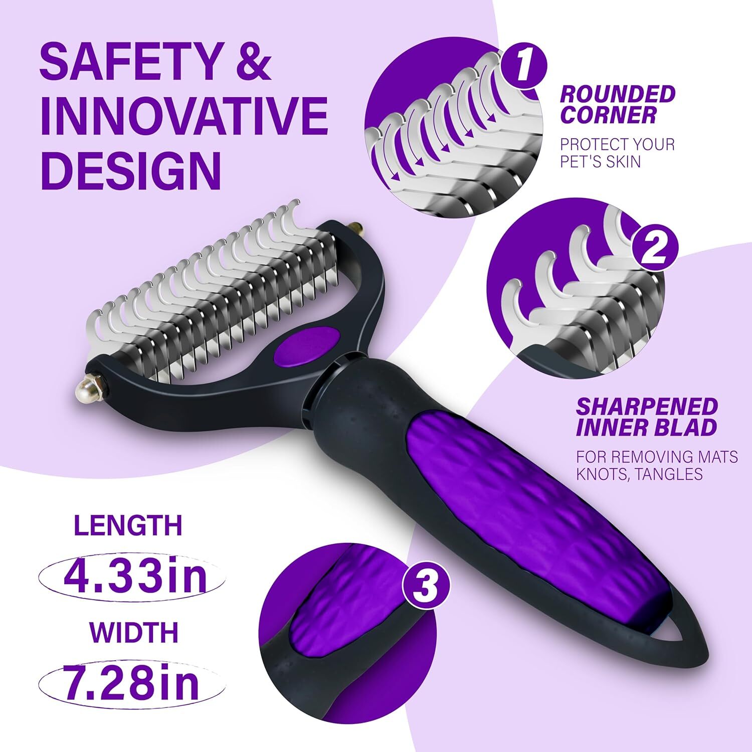 Professional Pet Grooming Brush: Purple, Extra Wide Double-Sided Teeth