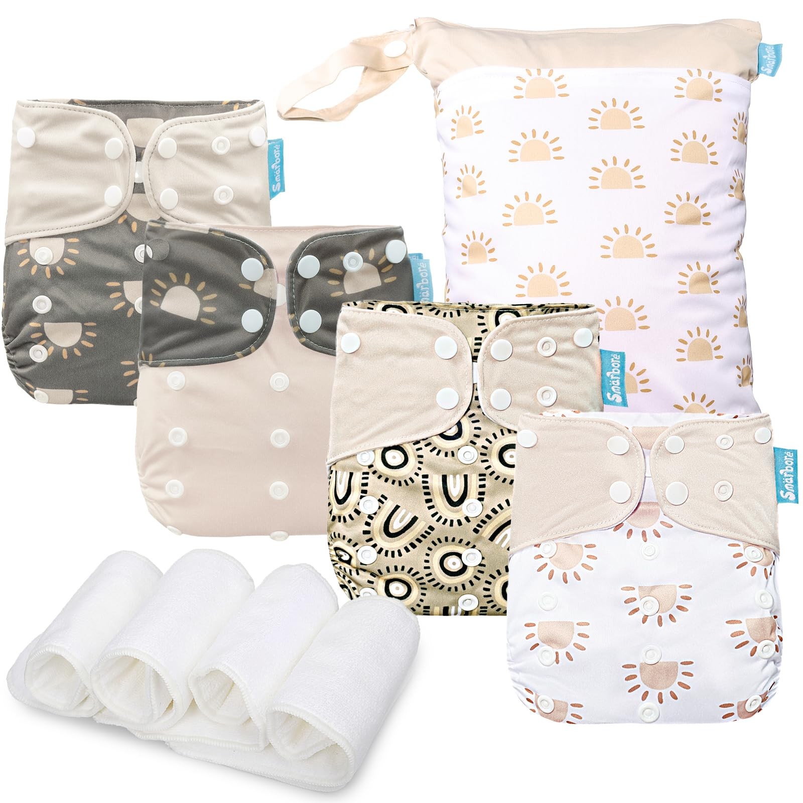 Smarbore Baby Cloth Diapers Set - 4 Pack with 4 Inserts & 1 S,M,L, Style 3