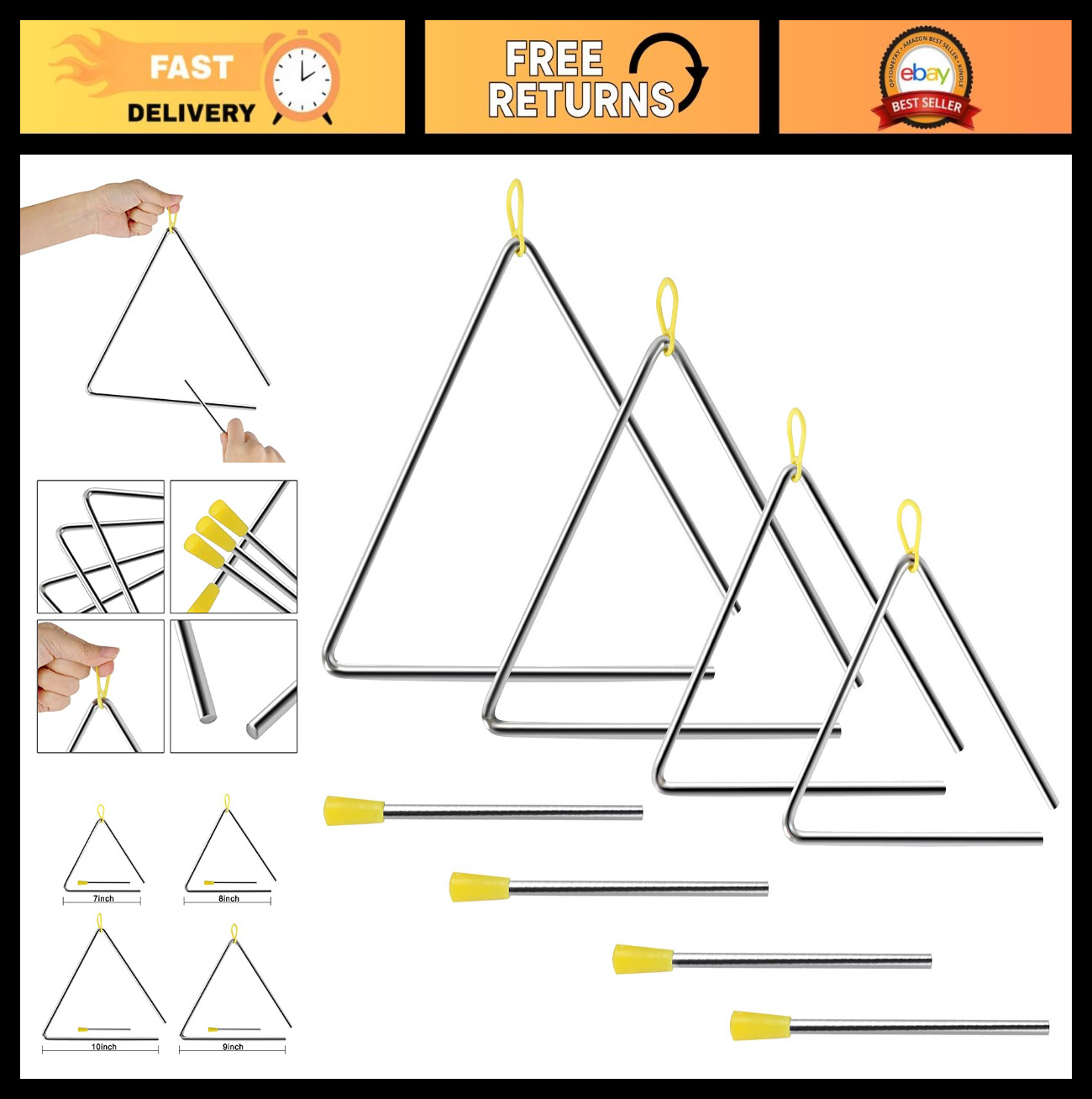 4-Pack Triangle Percussion Instruments Set - 7, 8, 9, 10 Inch Handheld Triangles