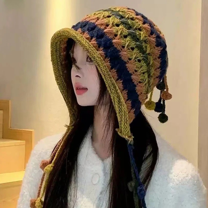 Crochet Beanie Women's Colorful Handmade Tassel Ear Flap Knit Hat with Boho Styl
