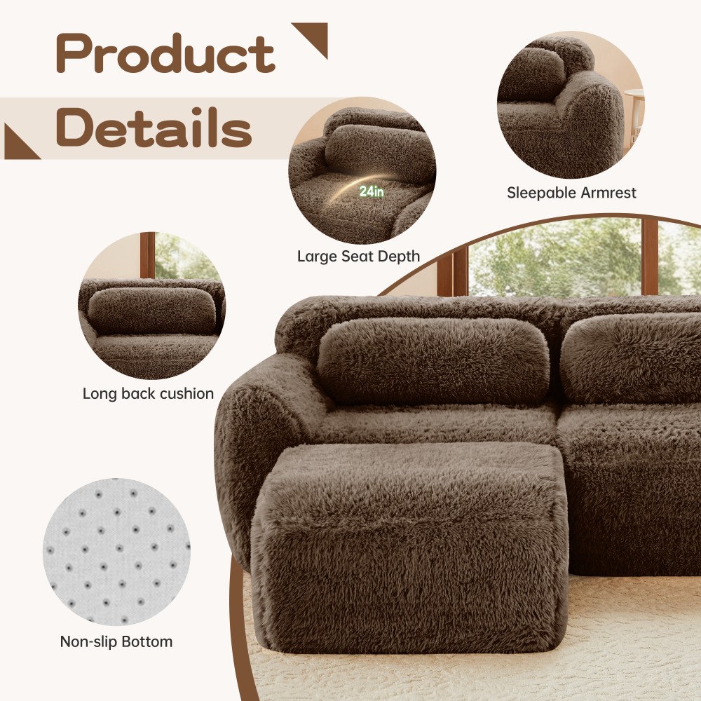 114'' Plush Modular Sectional Sofa w/Ottoman & Pillows - Chocolate