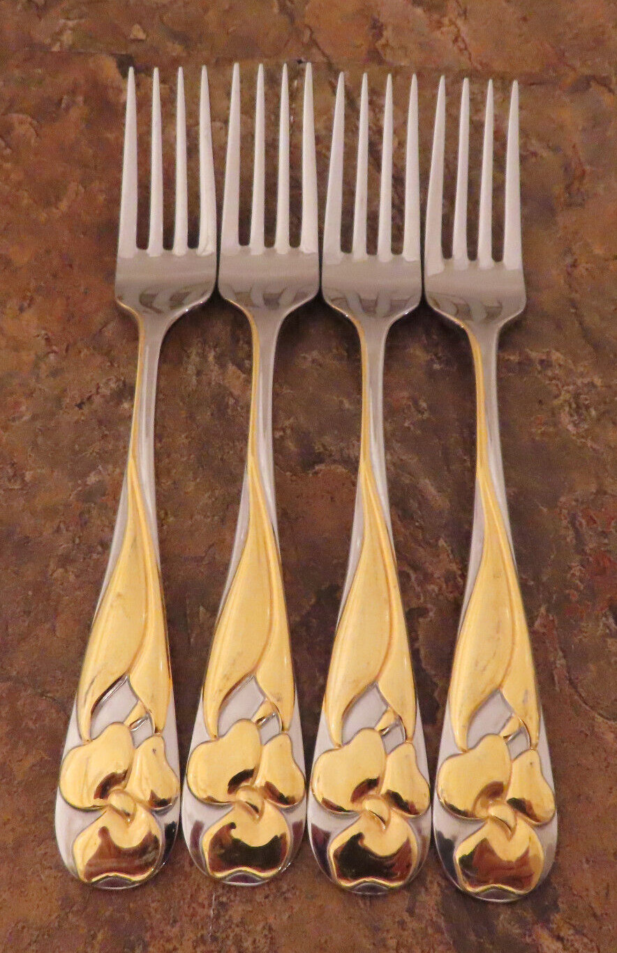 Yamazaki Adena Gold Accent Set of 4 Salad Forks Japan Stainless Flatware Lot C