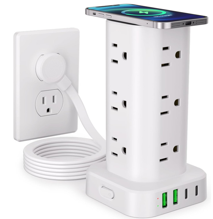 Regleta torre con cargador inalámbrico 15W, 12 tomas, 4 USB-C, cable 1,8 m