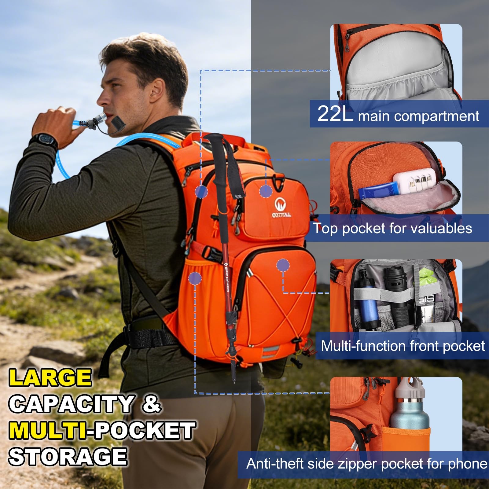 Hydration Backpack 22L, Hiking Backpack with 2L Leakproof Bladder, Sewn-in Ra...