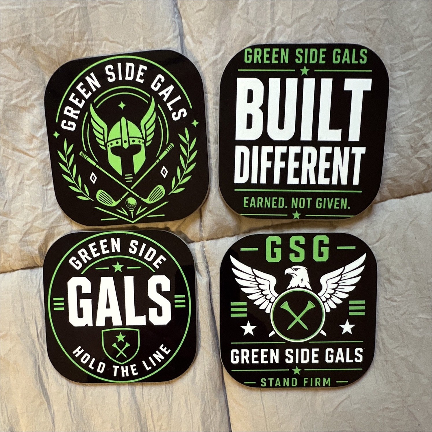 Green Side Gals drink Coasters Set of 4 Black Green Square no cork on backside