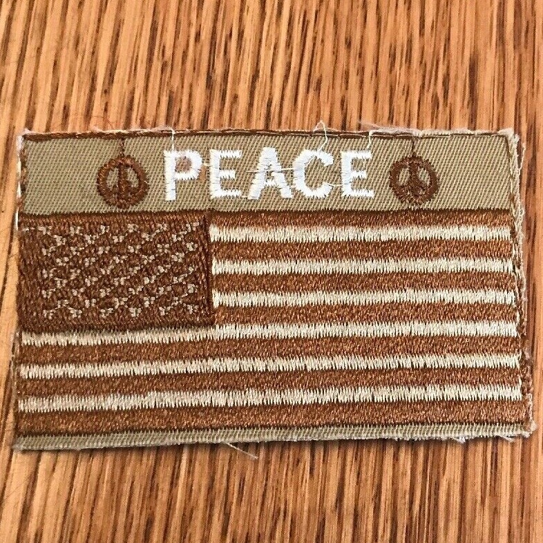 American Flag patch embroidered iron-on brown tone peace sign 1960s 2x3.25
