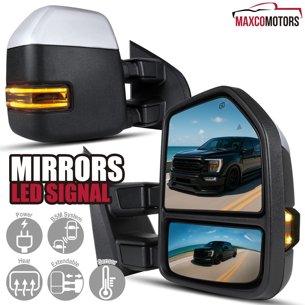 Tow Mirrors Fits 2021-2025 Ford F150 F250 Power Heated Smoke LED Puddle Light