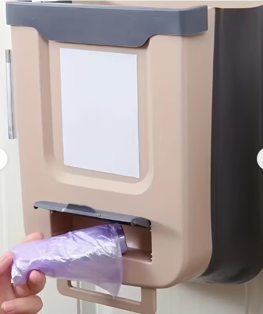 Expandable hanging kitchen waste bin w bag storage White
