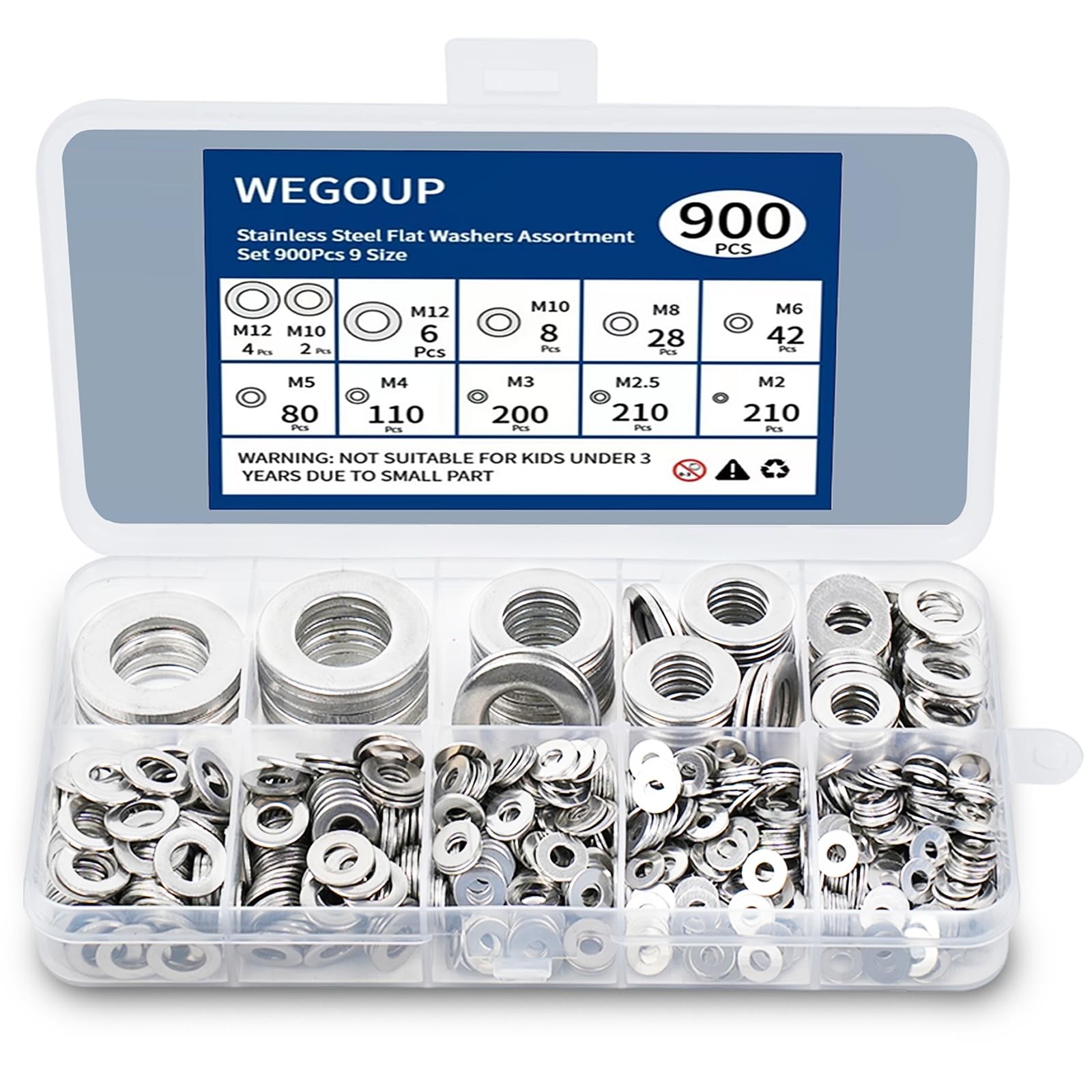 WEGOUP 900 Pcs Stainless Steel Flat 9 Sizes 900 Pcs, 900pcs