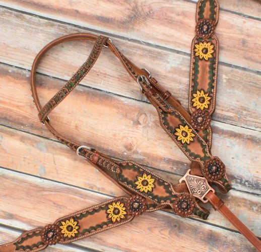 Showman Hand Painted Sunflower Leather Browband Headstall Set! FREE SHIP!
