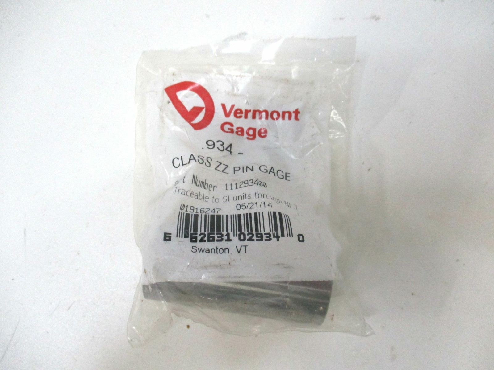 Vermont Gage (111293400) 0.934 Tolerance Class ZZ Tool Steel No-Go Pin Gage