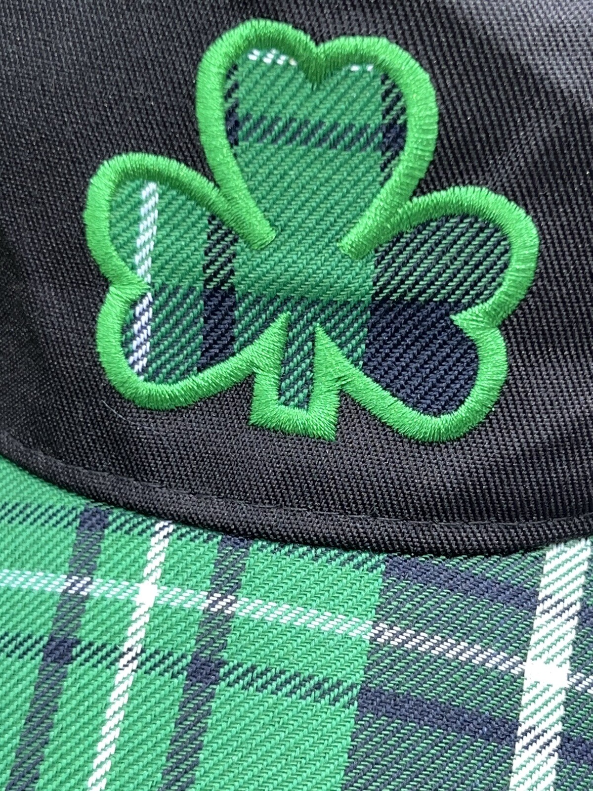 Green/ Black Plaid Shamrock Plaid bill on Hat Cap Hook Loop EUC